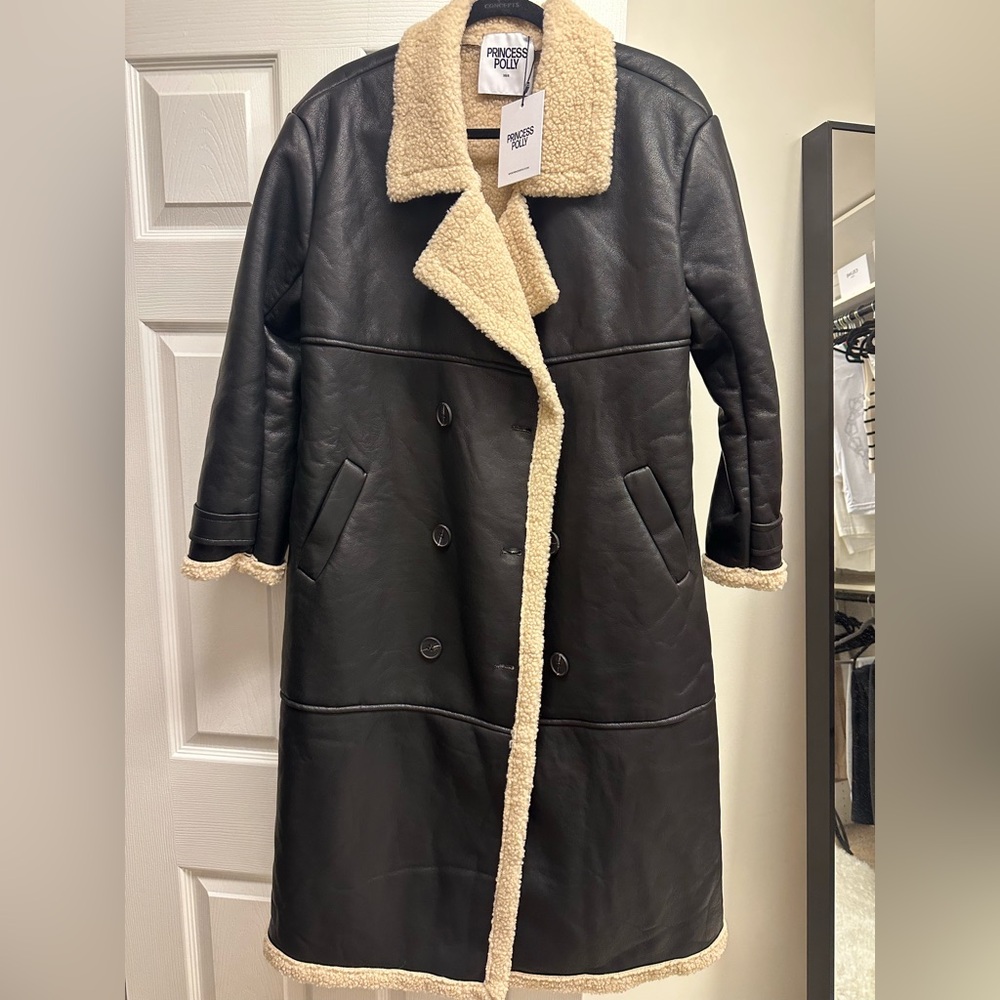 Princess Polly Black and Cream Shearling Coat